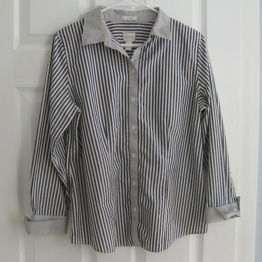 Chico’s No Iron Coloblock Striped Button Down Shirt Size 1 (US 8) 100% Cotton